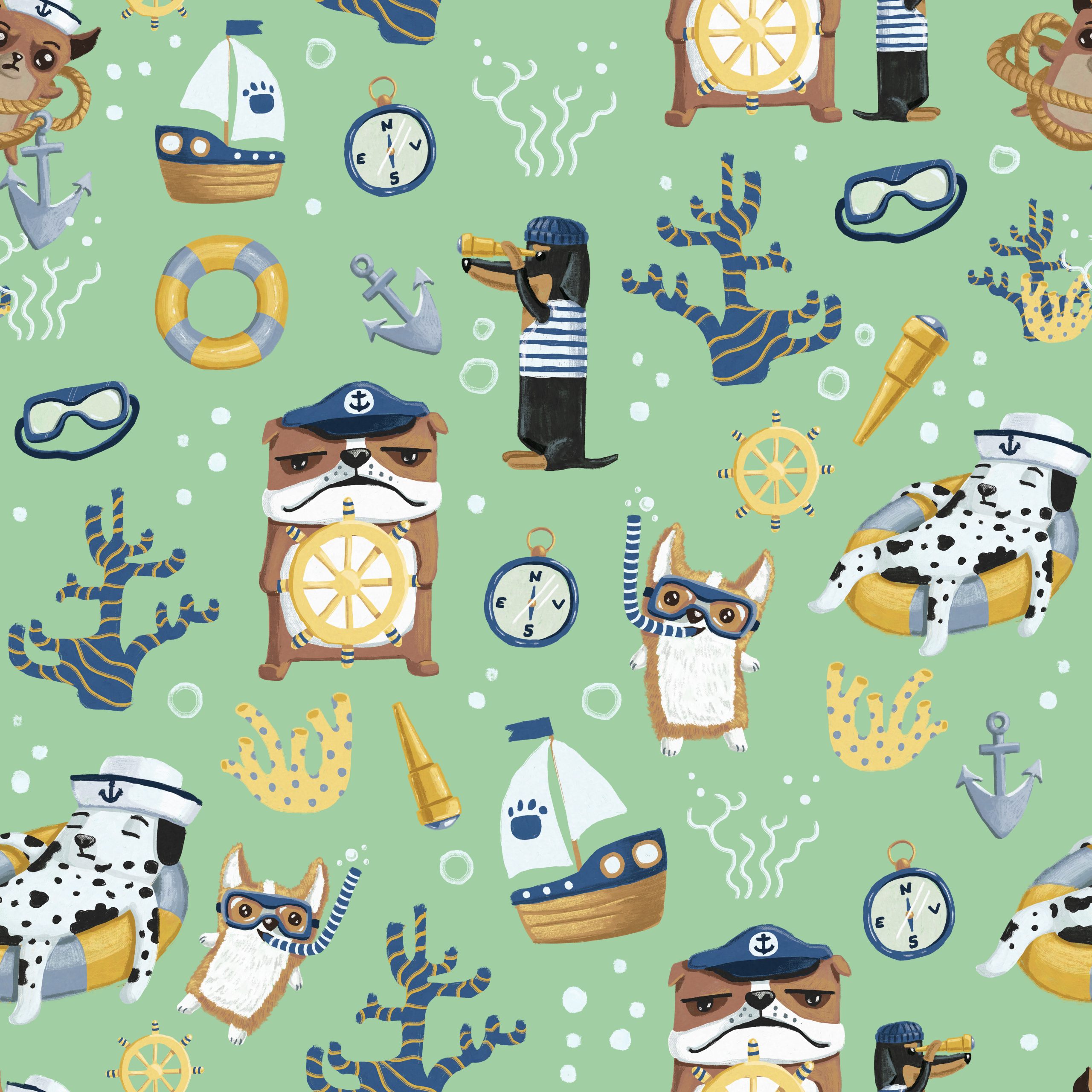 sailor dogs patterns by andra badea whimsical cute dog pattern with nautical elementes