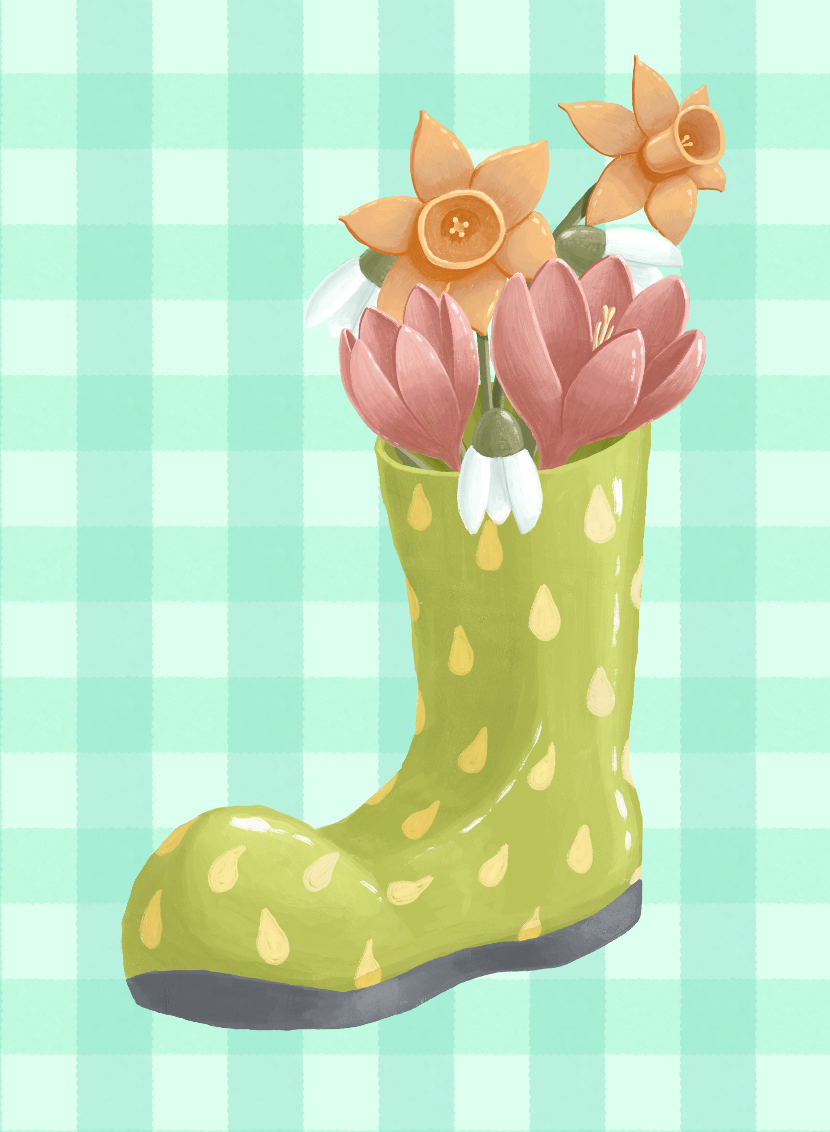 spring boot with flowers on gingham pattern by andra badea art licensing
