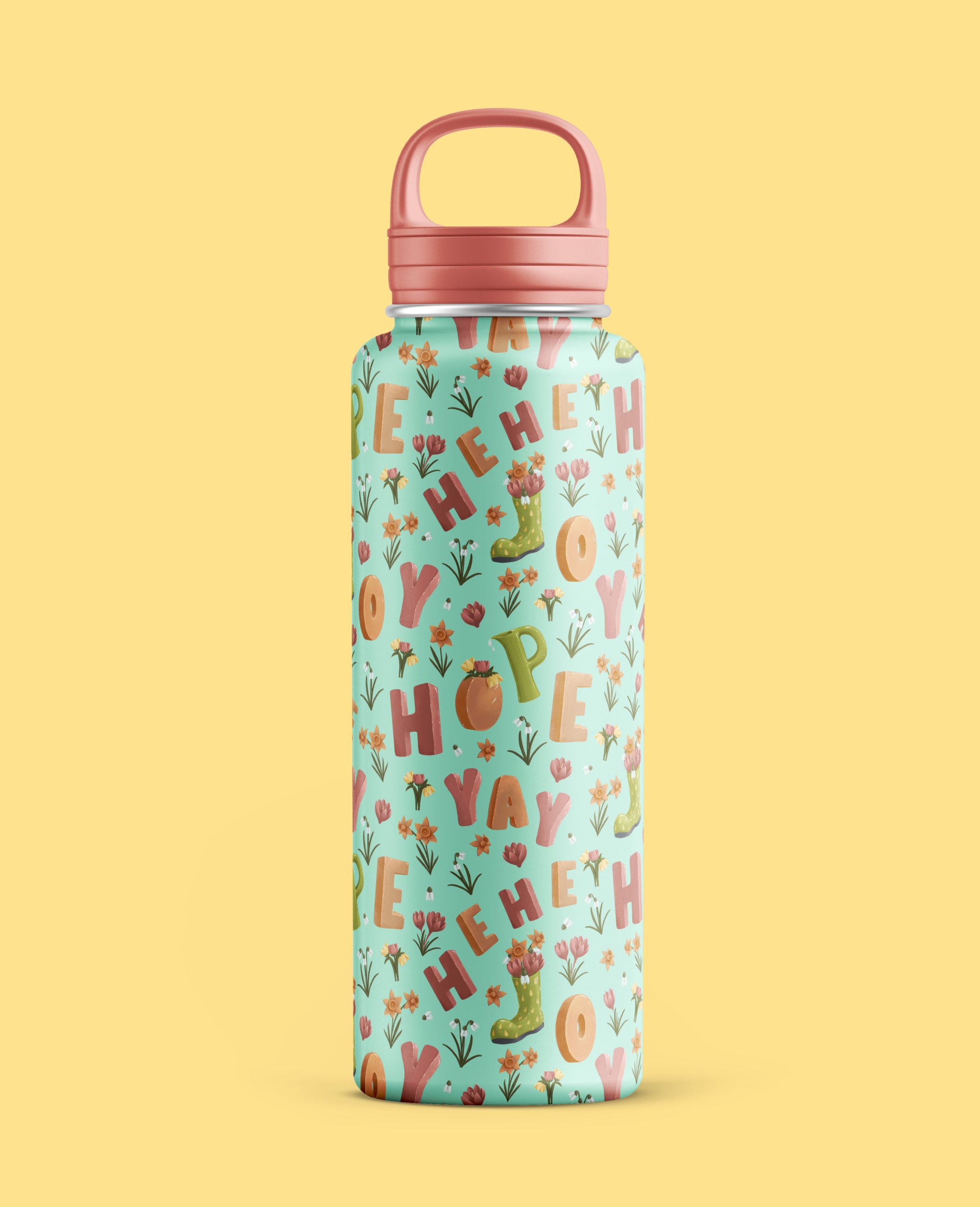water bottle with spring lettering and florals by andra badea