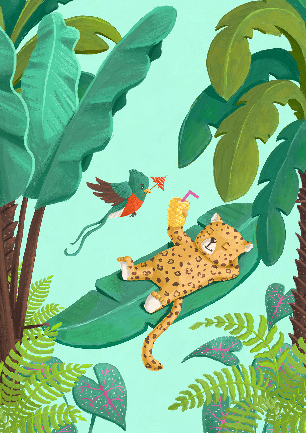 cute leopard enjoying a tropical drink with bird in a banana leaf hammock