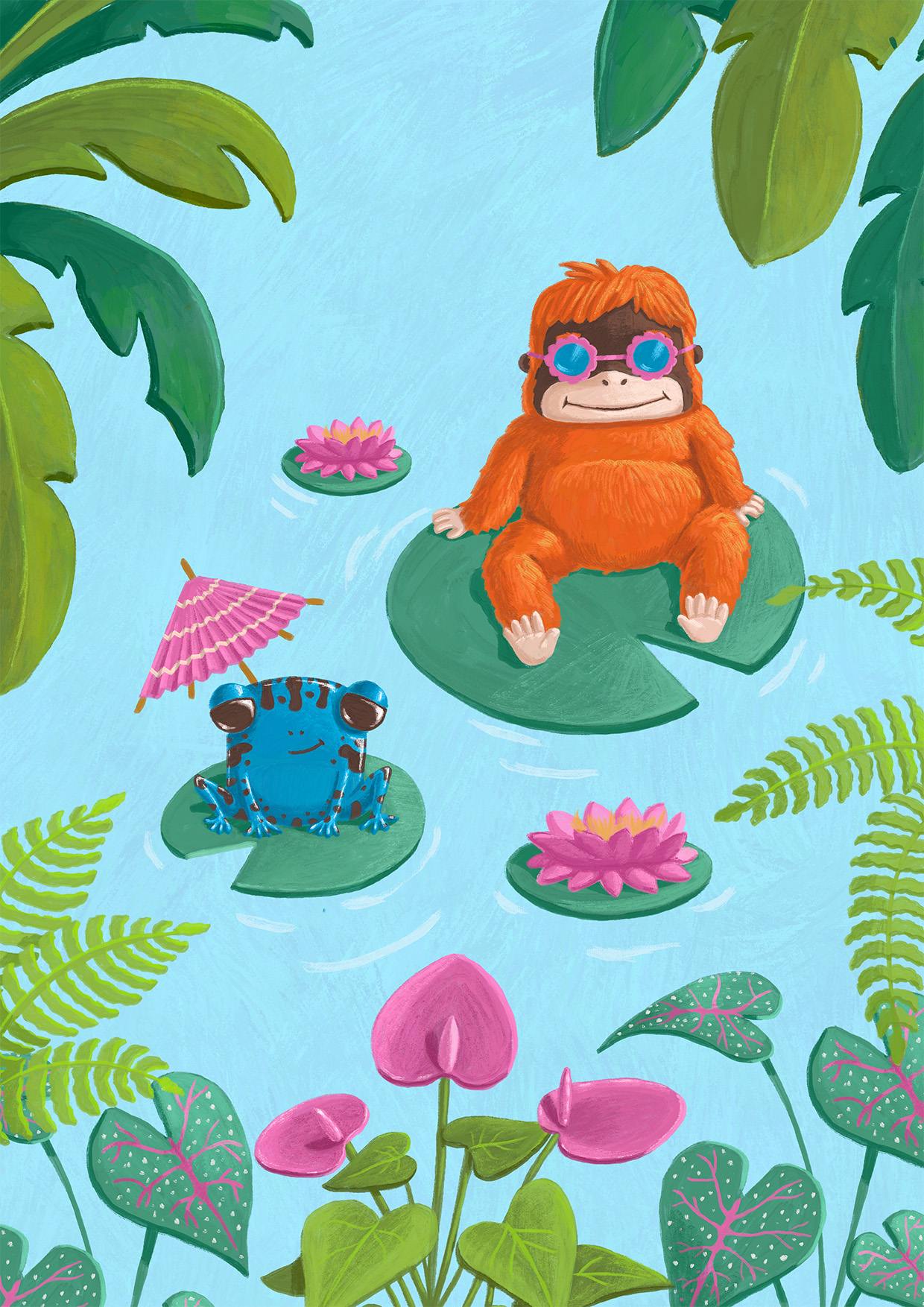 cute orangutan and frog relaxing in a jungle pond